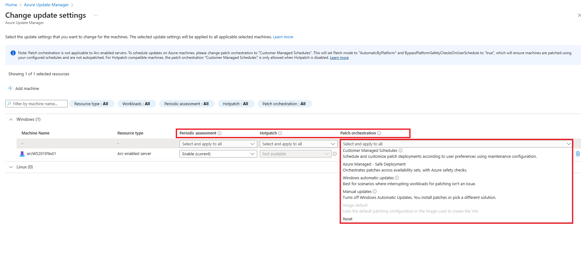 Zrzut ekranu przedstawiający wyróżnianie ustawień aktualizacji w celu zmiany opcji w witrynie Azure Portal.