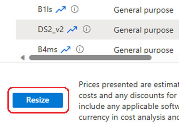 Zrzut ekranu przedstawiający przycisk zmiany rozmiaru w witrynie Azure Portal.