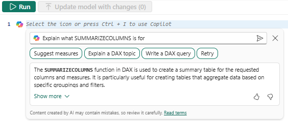 Zrzut ekranu przedstawiający krótki opis funkcji DAX SUMMARIZECOLUMNS.