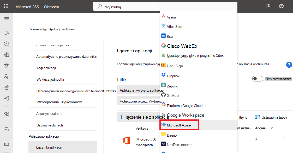 Połącz element menu platformy Azure.