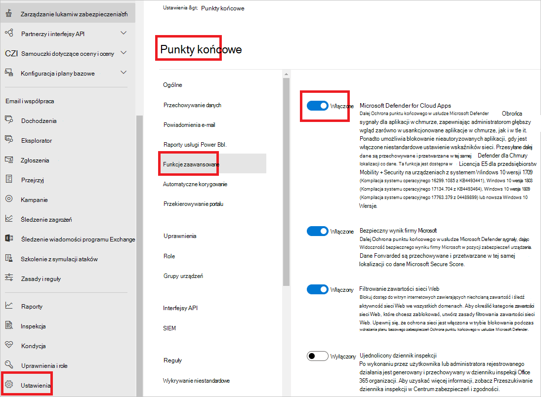 Zrzut ekranu przedstawiający ustawienia usługi Defender dla punktu końcowego.