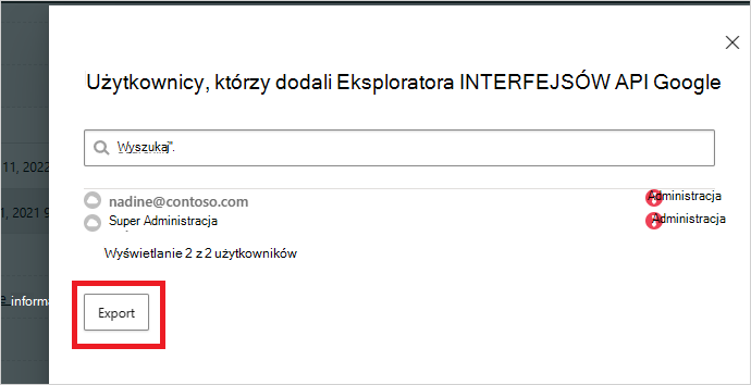 Zrzut ekranu przedstawiający eksport inspekcji aplikacji OAuth.