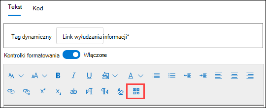 Akcja Wstawianie kodu QR w kontrolkach formatowania na stronie Konfigurowanie ładunku kreatora tworzenia nowego ładunku.