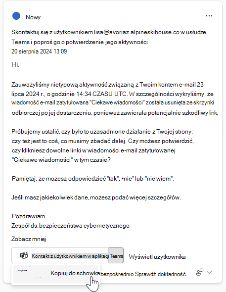 Zrzut ekranu przedstawiający sugerowany tekst do komunikacji na karcie odpowiedzi z przewodnikiem.