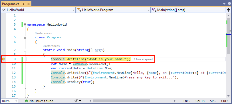 krok w źródle metody języka C# programu Visual Studio —