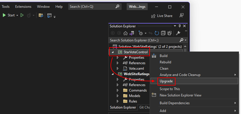 pozycja menu Uaktualnianie w Asystencie uaktualniania .NET w programie Visual Studio.