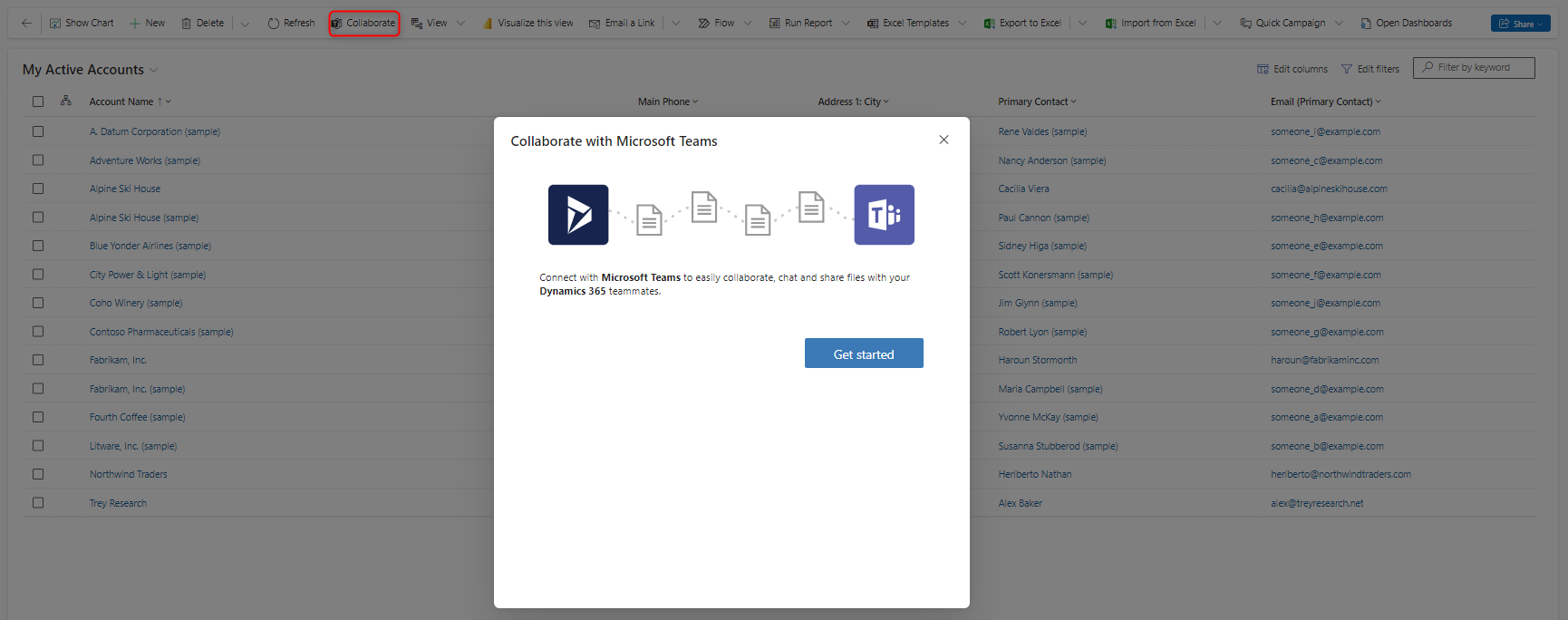 Z aplikacji Dynamics 365 otwórz konwersację w Microsoft Teams.