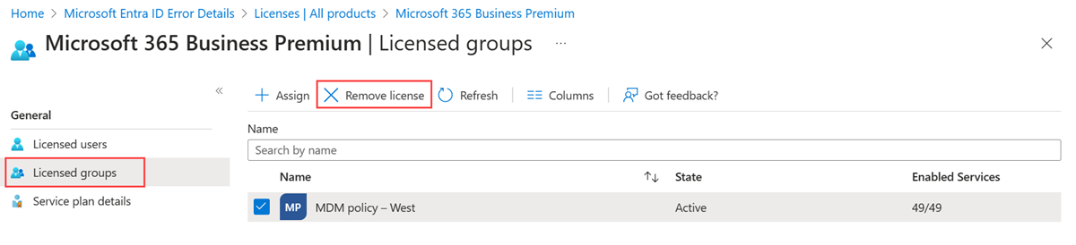 Zrzut ekranu przedstawiający stronę Licencjonowane grupy z wyróżnioną opcją Usuń licencję 2.
