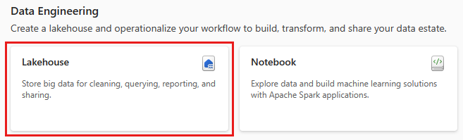 Zrzut ekranu przedstawiający opcję Lakehouse na stronie tworzenia inżynierowie danych ing.