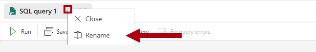Zrzut ekranu przedstawiający opcję Zmień nazwę dostępną po kliknięciu prawym przyciskiem myszy na karcie zapytania.
