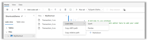 Zrzut ekranu przedstawiający miejsce znalezienia opcji Załaduj dane i platformę Spark w menu prawym przyciskiem myszy.