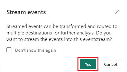 Zrzut ekranu przedstawiający wyskakujące okienko potwierdzenia zdarzeń przesyłania strumieniowego.