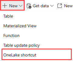 Zrzut ekranu przedstawiający kartę Narzędzia główne z listą rozwijaną przycisku Nowy. Wyróżniono opcję o nazwie Skrót OneLake.