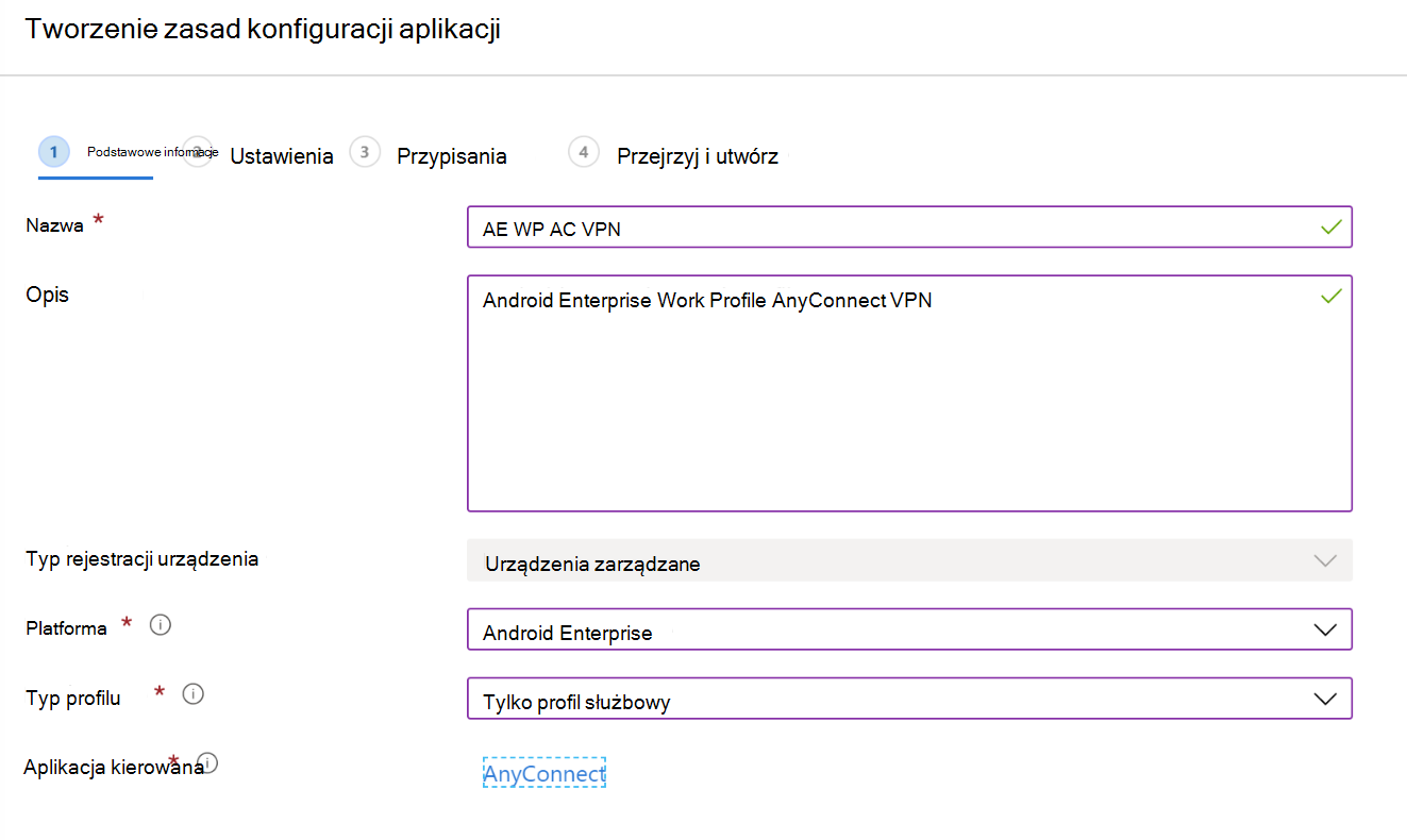 Tworzenie zasad konfiguracji aplikacji w celu skonfigurowania sieci VPN lub sieci VPN dla aplikacji w Microsoft Intune