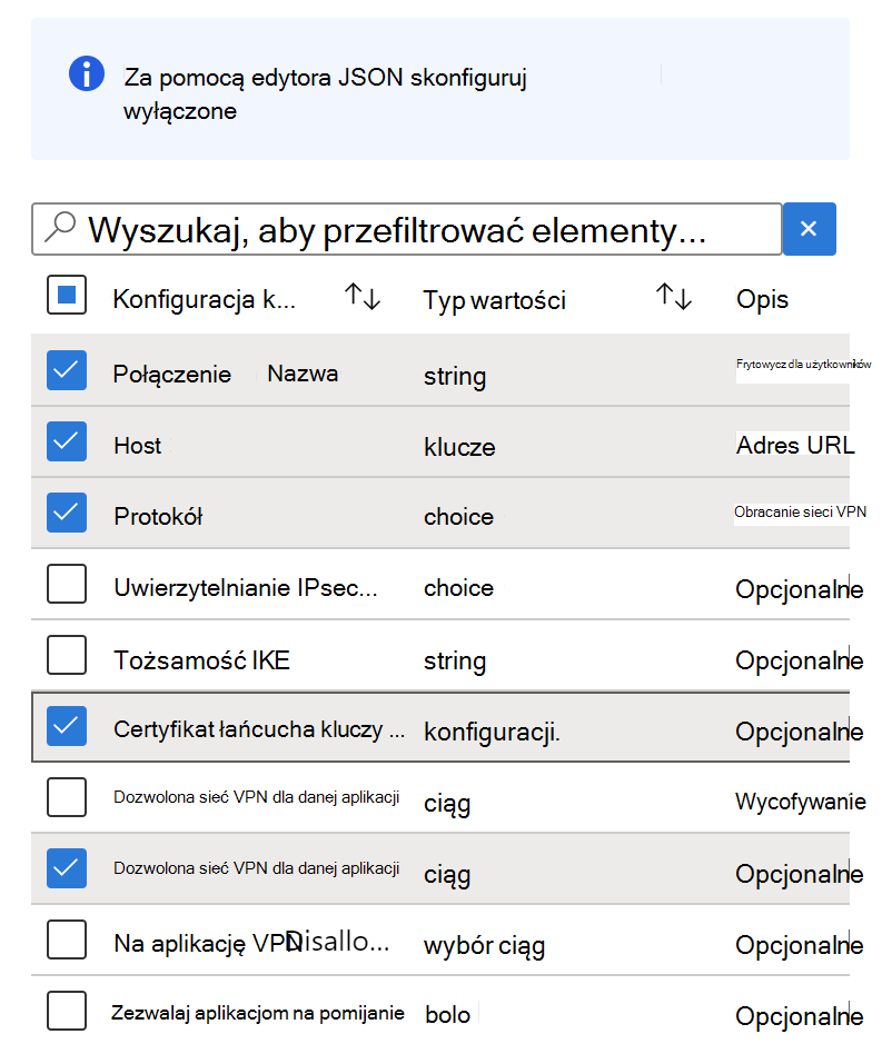 Dodaj klucze konfiguracji do zasad konfiguracji aplikacji sieci VPN w Microsoft Intune przy użyciu Designer konfiguracji — przykład.