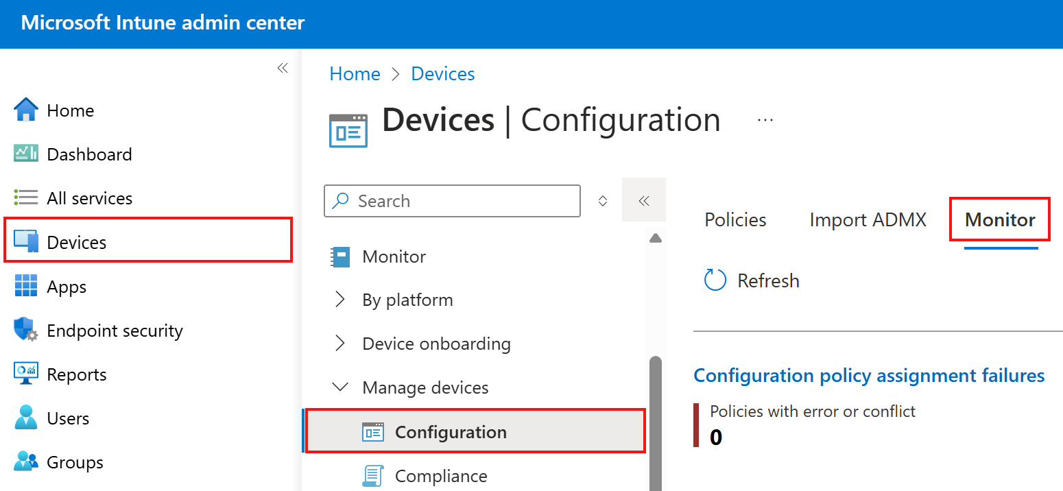 Zrzut ekranu przedstawiający wybieranie karty monitora w profilach konfiguracji urządzeń w usłudze Microsoft Intune i centrum administracyjnym usługi Intune.