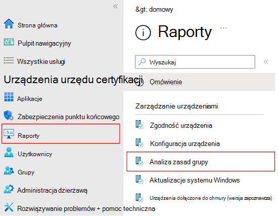 Zrzut ekranu przedstawiający sposób przeglądania raportu i danych wyjściowych zaimportowanych obiektów zasad grupy przy użyciu analizy zasady grupy w centrum administracyjnym Microsoft Intune i Intune.