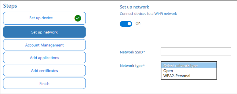 Zrzut ekranu przedstawiający włączanie Wi-Fi, w tym opcji Identyfikator SSID sieci i Typ sieci w aplikacji Designer konfiguracji systemu Windows