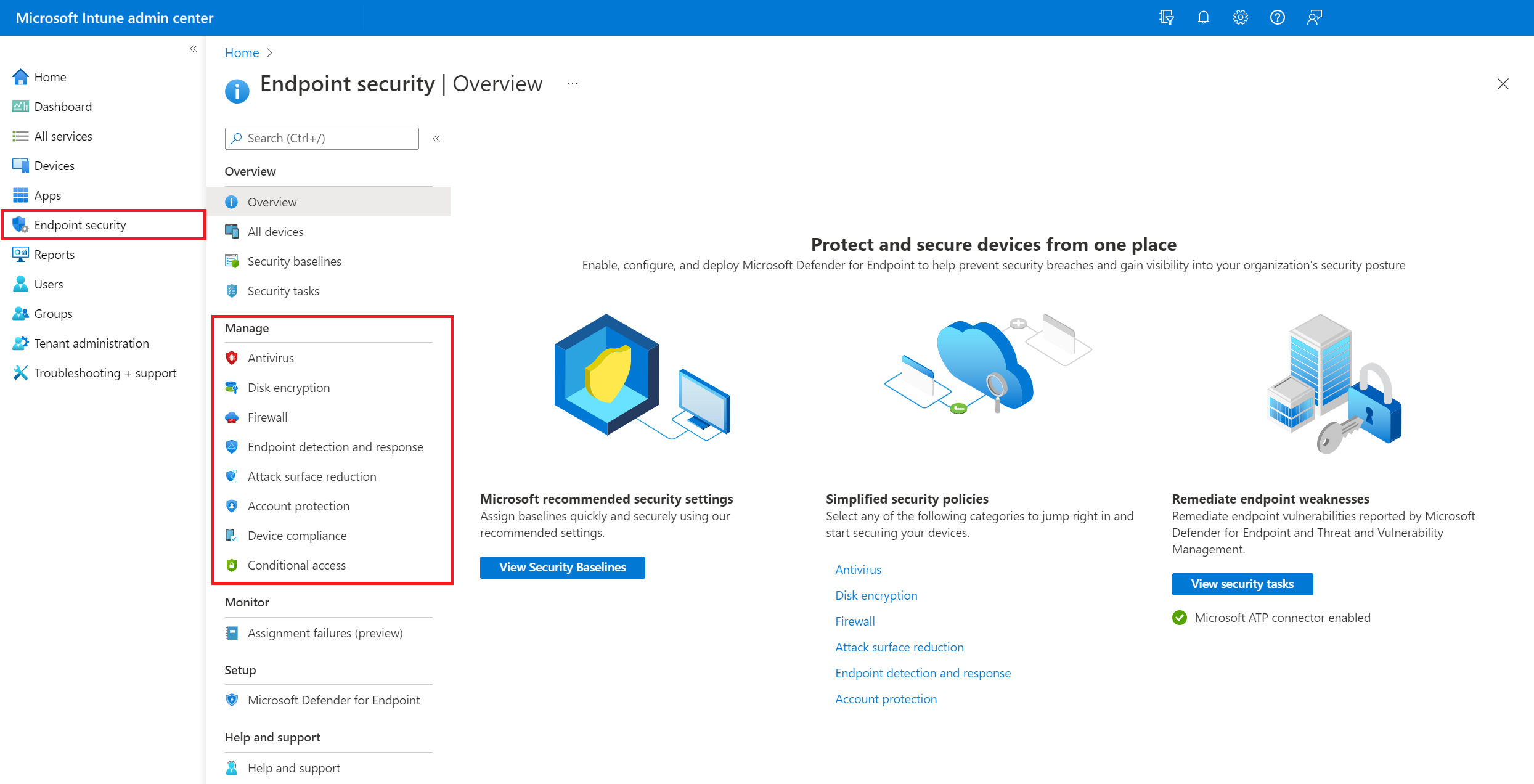 Zarządzanie zasadami zabezpieczeń punktu końcowego w centrum administracyjnym Microsoft Intune