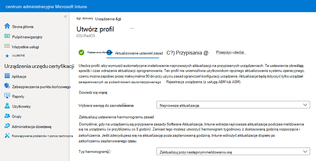 Zrzut ekranu przedstawiający przykładowe ustawienia zasad aktualizacji oprogramowania w Microsoft Intune.