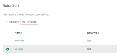 Zrzut ekranu przedstawiający sekcję Extractors (Wyodrębniacze) z wyróżnioną opcją Zmień nazwę.