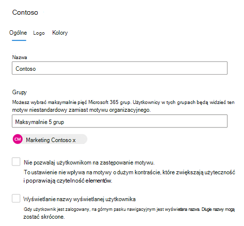 Zrzut ekranu: karta Ogólne przedstawiająca motyw domyślny grupy użytkowników w organizacji