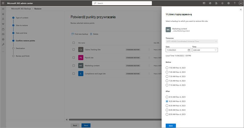 Zrzut ekranu przedstawiający panel Wybieranie innej kopii zapasowej dla programu SharePoint.