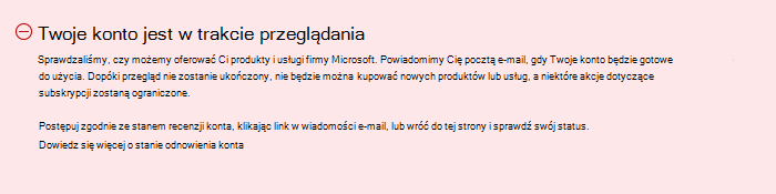 Zrzut ekranu przedstawiający powiadomienie o przeglądzie konta na stronie kont rozliczeniowych.