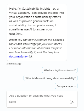 Pierwszy z dwóch zrzutów ekranu przedstawiających test pytania agent o emisje niezorganizowane w Sustainability Insights agent.