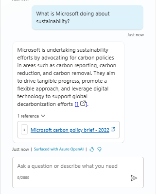 Zrzut ekranu przedstawiający test polegający na pytaniu agent, co Microsoft robi w sprawie zrównoważonego rozwoju w Sustainability Insights agent.