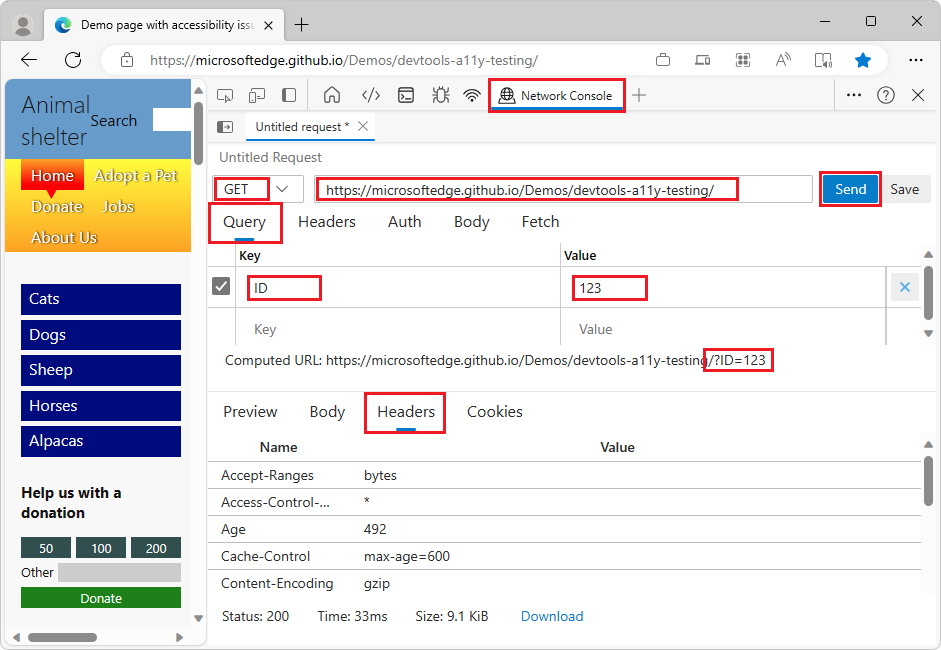 Entering key/value pairs to construct a URL in the Network Console tool