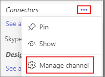 Screenshot showing the manage channel option in Teams.