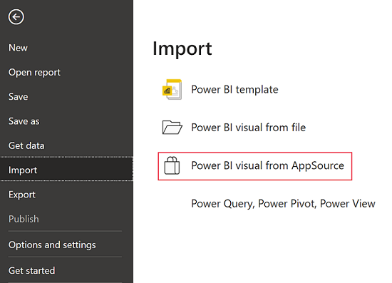 Zrzut ekranu przedstawiający sposób uzyskiwania dostępu do wizualizacji Power BI w AppSource z menu Plik programu Power BI.