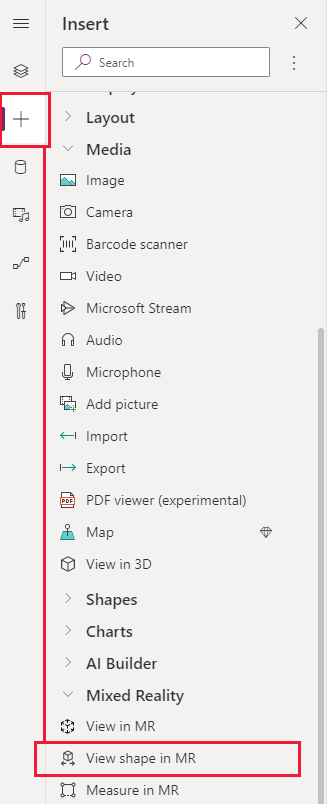 Zrzut ekranu przedstawiający kartę Wstawianie w programie Power Apps Studio, pokazujący, gdzie można znaleźć kontrolkę Wyświetl kształt w MR.