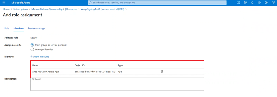 Przypisz rolę Czytelnik do aplikacji Wrap KeyVault Access App.
