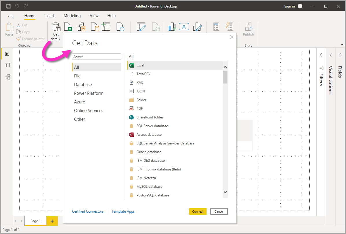 Zrzut ekranu przedstawiający ikonę Pobierz dane i okno dialogowe Pobieranie danych w programie Power BI Desktop.