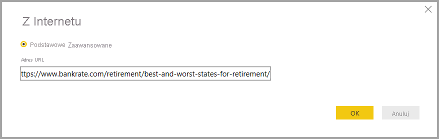 Zrzut ekranu przedstawiający adres URL w oknie dialogowym Z internetu.