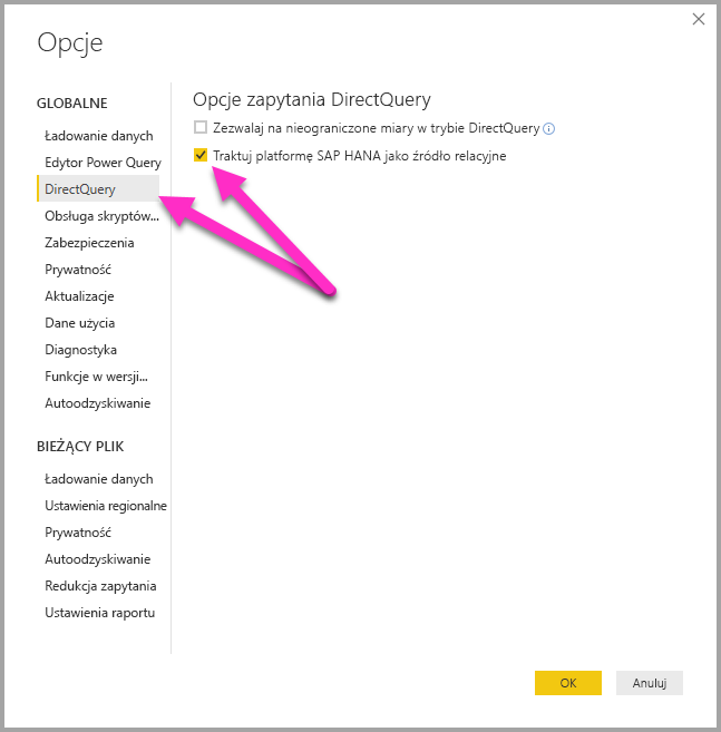 zrzut ekranu okna dialogowego Opcje, pokazujący opcje trybu DirectQuery.
