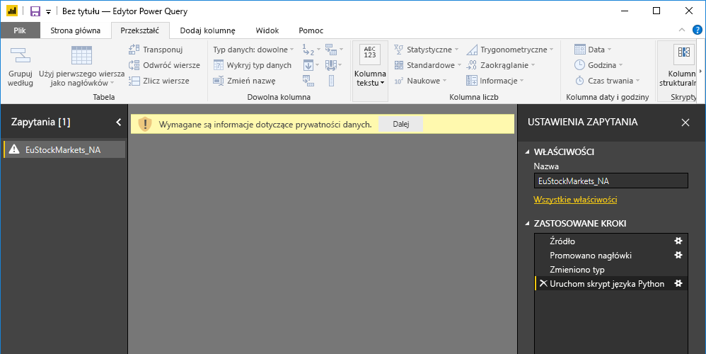 Screenshot of the Power Query Editor pane, showing the warning about data privacy.