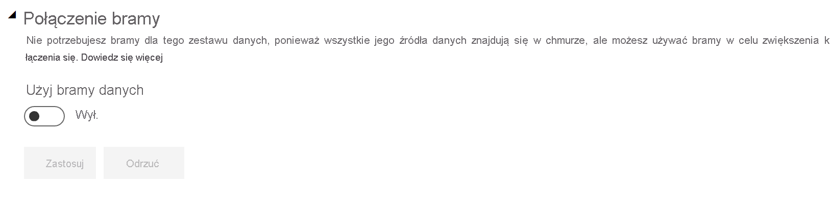 Zrzut ekranu przedstawiający rozszerzone ustawienia połączenia bramy z przełącznikiem ustawionym na wyłączone.