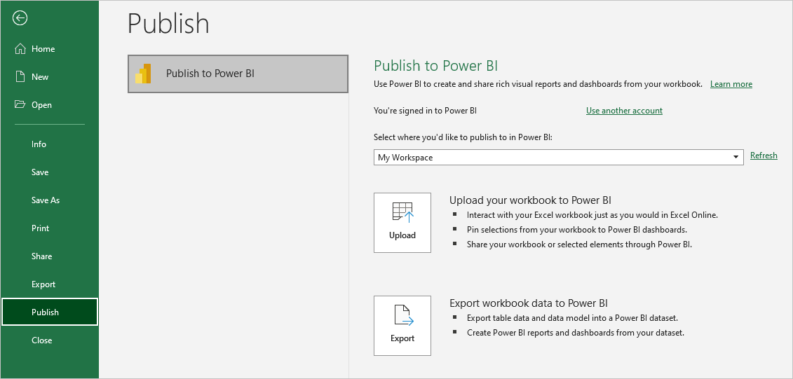 Zrzut ekranu przedstawiający publikowanie skoroszytu w usłudze Power BI w programie Excel.