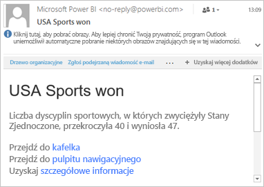 Zrzut ekranu przedstawiający przykładową wiadomość e-mail z linkami do usługi Power BI.