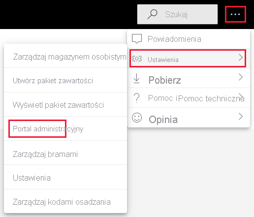 Zrzut ekranu przedstawiający opcję menu ustawień administratora w menu ustawień usługi Power BI.