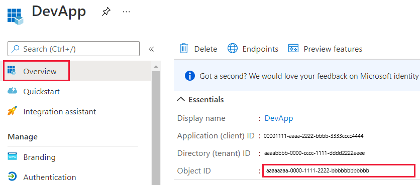 Zrzut ekranu przedstawiający okno witryny Azure Portal z identyfikatorem obiektu w bloku Przegląd aplikacji Firmy Microsoft Entra.