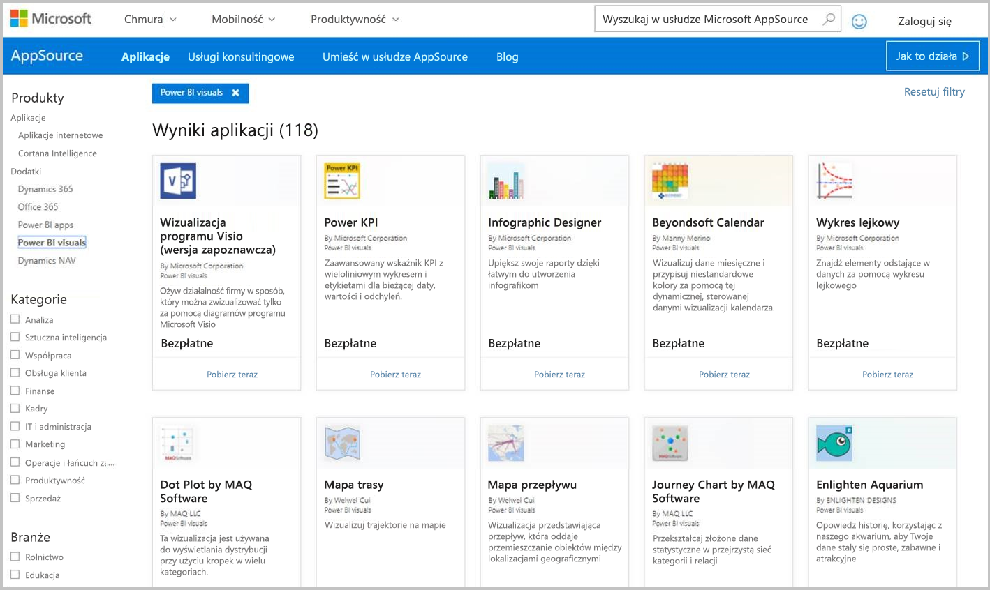 Zrzut ekranu przedstawiający wizualizacje usługi Power BI w usłudze AppSource.