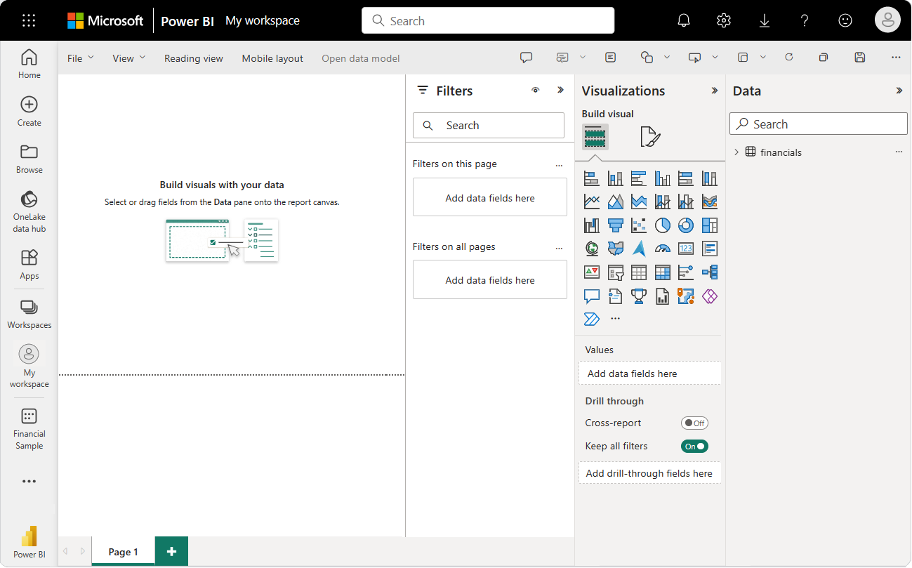Zrzut ekranu przedstawiający pustą kanwę raportu w obszarze Mój obszar roboczy z otwartymi okienkami Filtry, Wizualizacje i Dane.