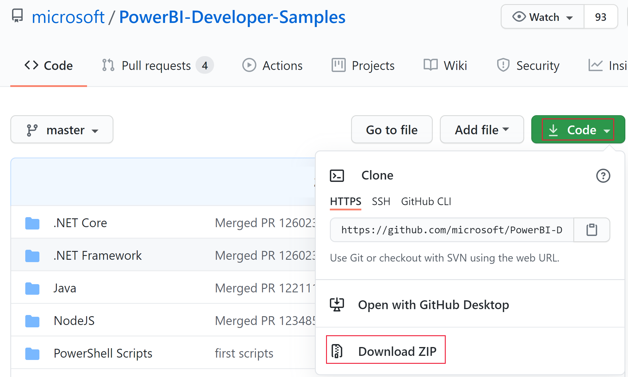 Zrzut ekranu przedstawiający opcję pobierania pliku ZIP w witrynie GitHub dla deweloperów przykładów usługi Power BI