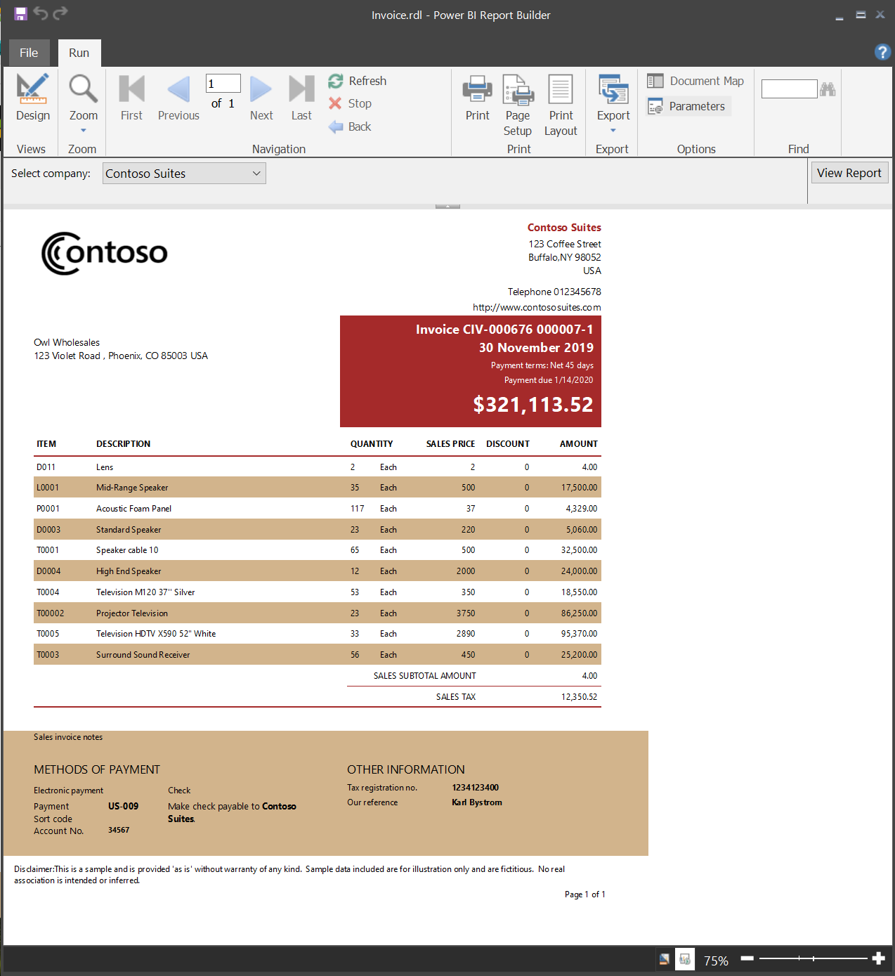 Zrzut ekranu przedstawiający przykładowy raport podzielony na strony w programie Power BI Report Builder.