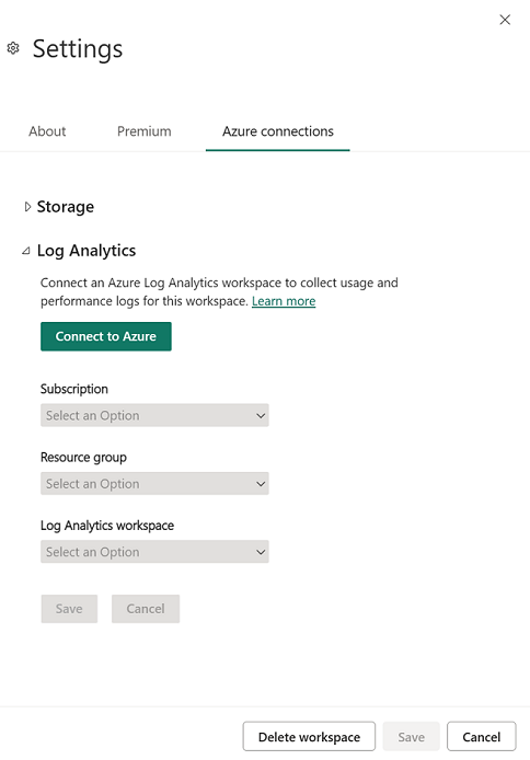 Zrzut ekranu przedstawiający kartę Połączenia platformy Azure otwartą w okienku ustawień, która została rozwinięta.