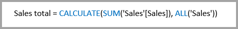 Zrzut ekranu przedstawiający przykładowy skrypt. Przykład: Sales total = Calculate(Sum('Sales'[Sales]), All('Sales')).